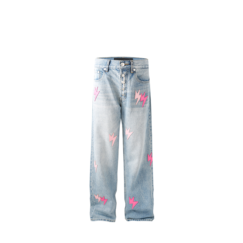 进阶款Amexnocap粉闪电牛仔裤男美式复古宽松直筒水洗新款