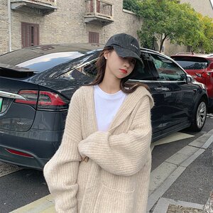 中长款慵懒风连帽毛衣外套秋冬新款大口袋宽松针织开衫上衣女外搭