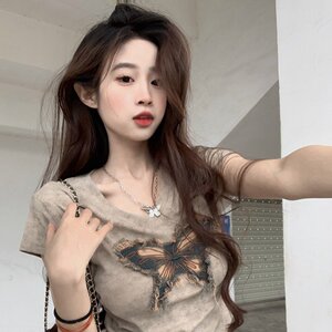 实拍实价 夏季韩版辣妹女蝴蝶刺绣短款V领修身短袖T恤上衣女