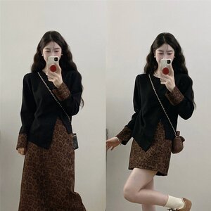 开叉黑色长袖卫衣打底豹纹长裙两件套装女秋季大码胖mm遮肉两件套