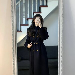实价标齐！！韩版立领毛呢大衣中长款宽松双排扣系带毛呢外套女