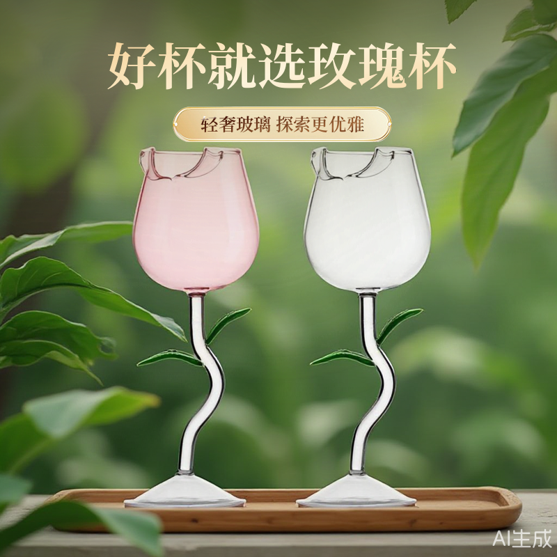 法式浪漫优雅ins微卷玫瑰花酒杯高脚杯香槟杯红酒杯葡萄鸡尾酒杯