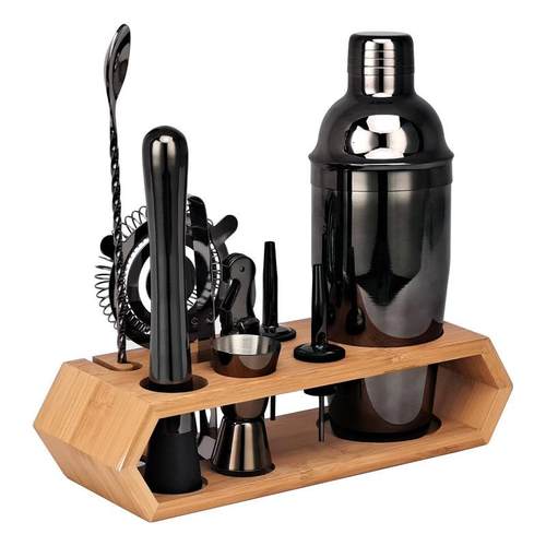 跨境新款调酒器套装菱形木架底座鸡尾酒调酒酒吧工玫瑰金黑10件套