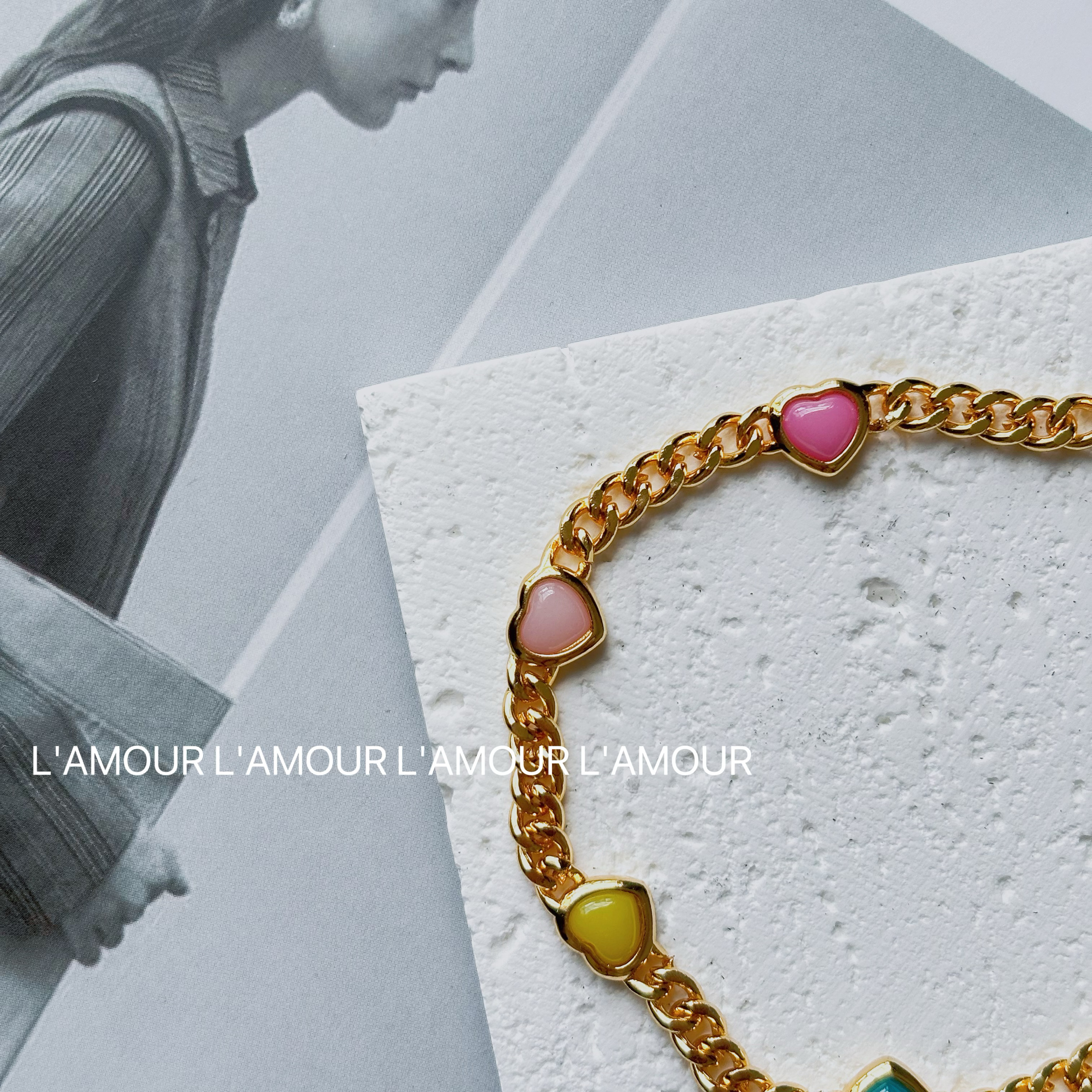 L'amour爱心彩色珐琅手链轻奢小众精致高级感天然石
