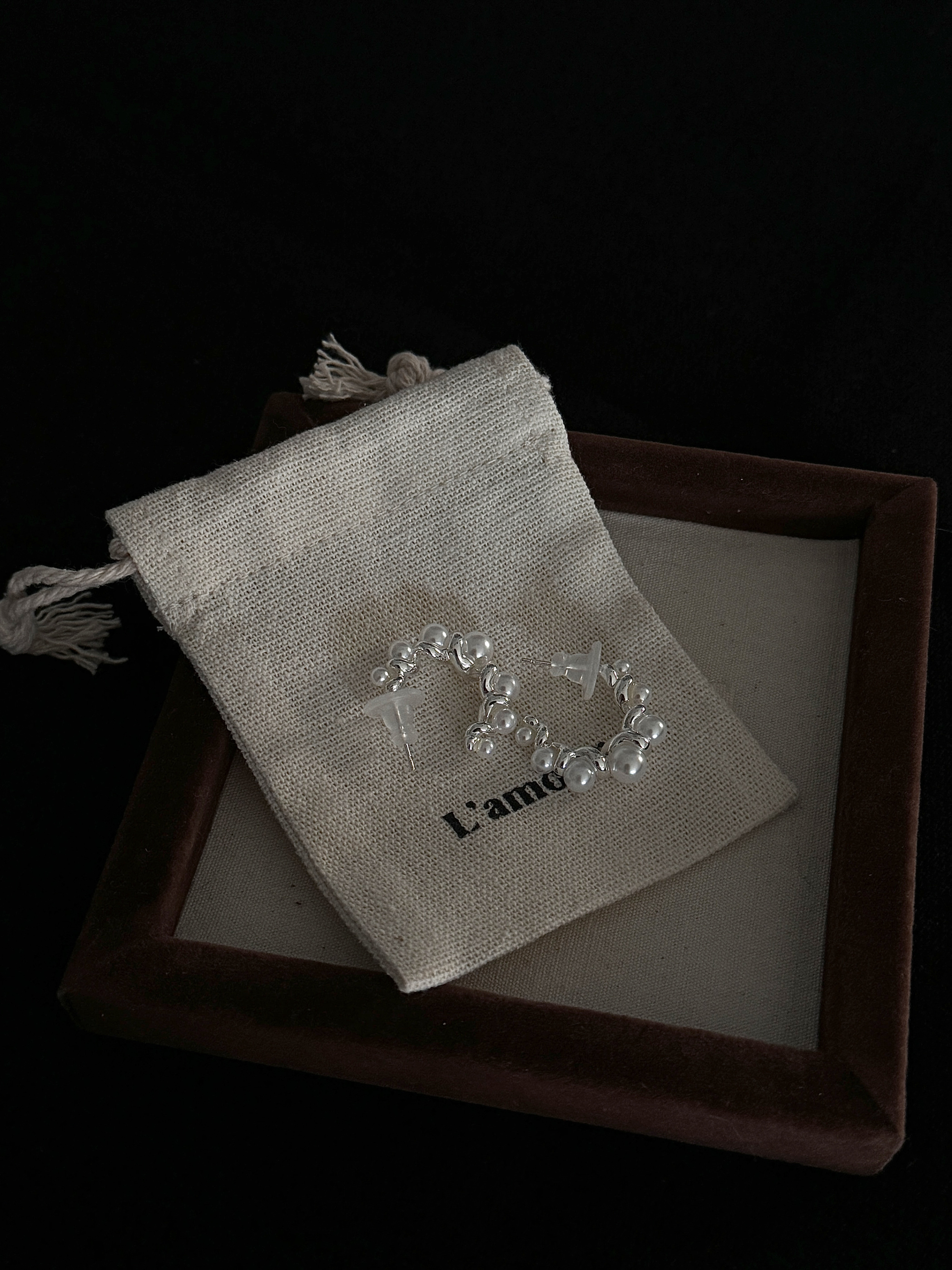 L'amour珍珠缠绕银耳环女小众设计感大耳圈ins轻奢新款耳饰