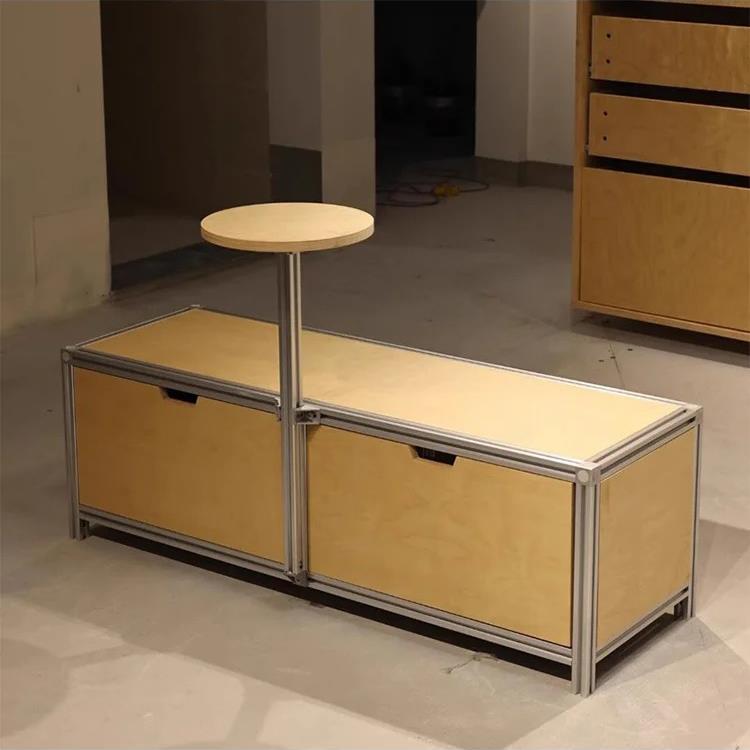 工业风铝型材桌椅一体组合咖啡店卡座海洋板储物柜长凳长椅两用桌