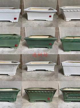 长方形窑变绿色白色冰裂釉复古浮雕陶瓷盆栽盆景岭南新款石湾花盆