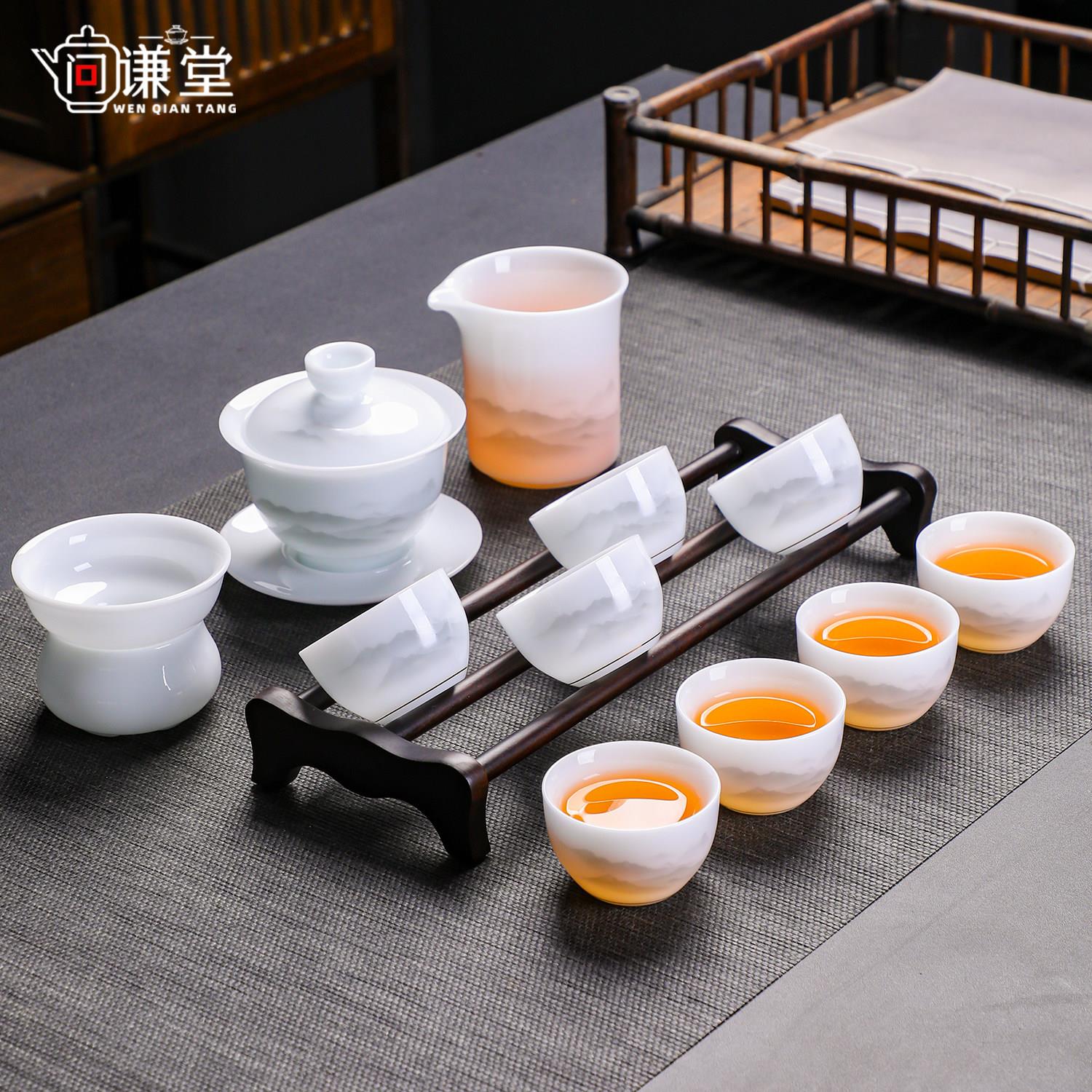 高端德化冰种玉白瓷悬停盖碗茶杯套装家用会客泡茶功夫茶具礼盒装