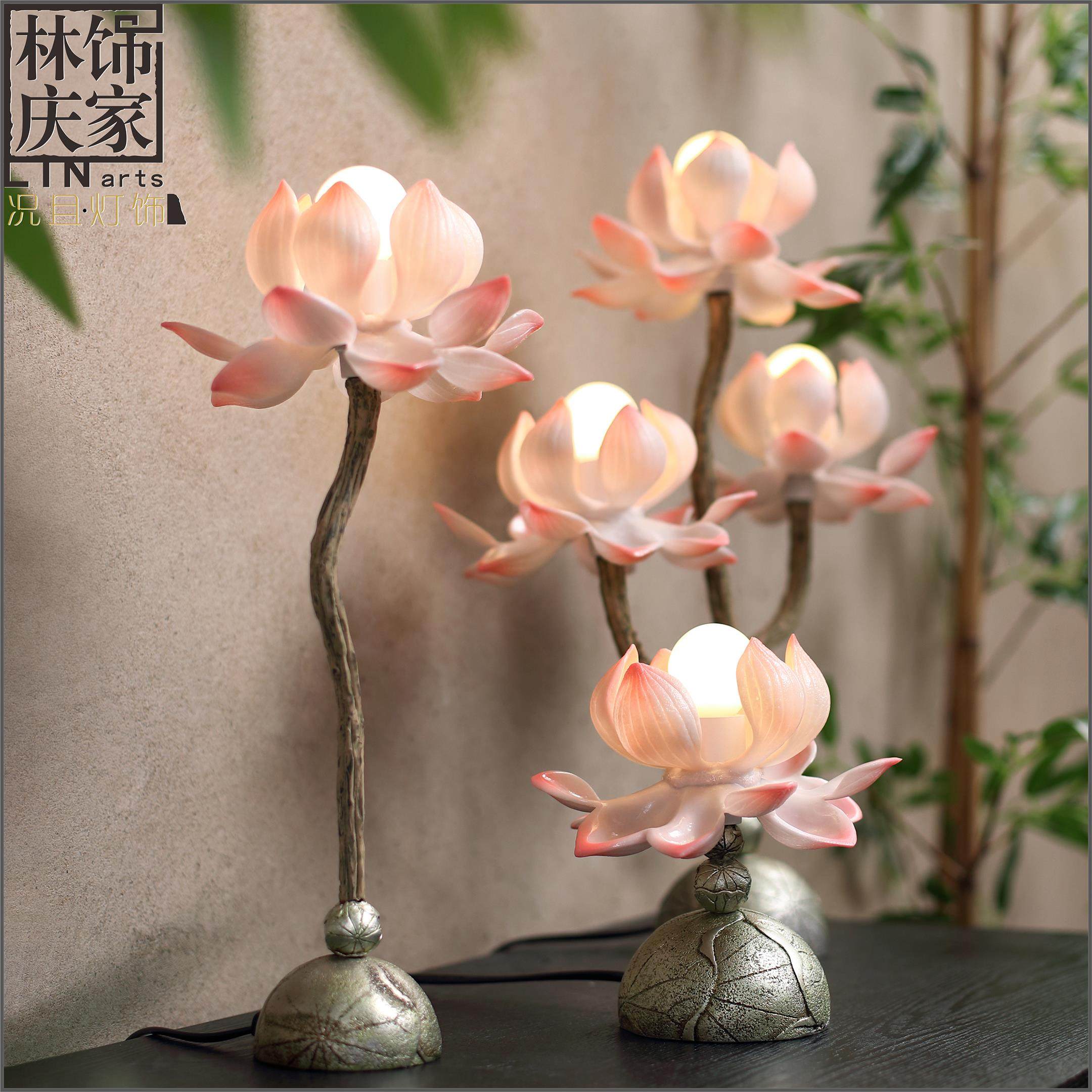 新中式中国风莲花灯佛前供灯树脂荷花灯长明灯装饰台灯财神观音灯