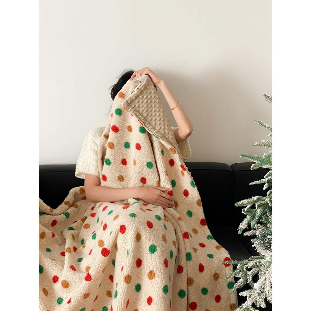 圣诞和新年气氛韩式彩色圆圆点双面羊绒豆帽毯温暖沙发毯盖毯
