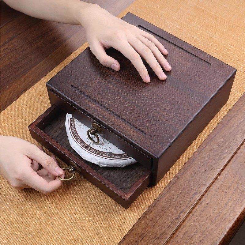 普洱茶饼防潮单层收纳盒不锈钢茶钳实木茶盘茶针开茶器茶盒