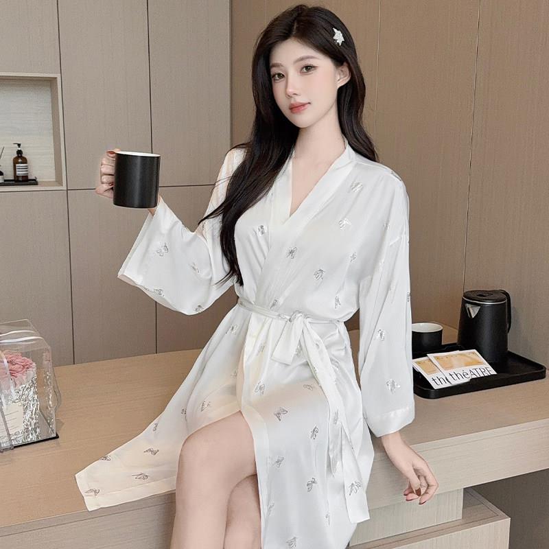 冰丝绸睡袍女士夏季2025新款半袖系带睡裙纯欲风高级感睡衣家居服
