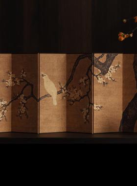 法式中古风东方美杏花双雉图学双面桌面小屏风古玩字画 画背景摆