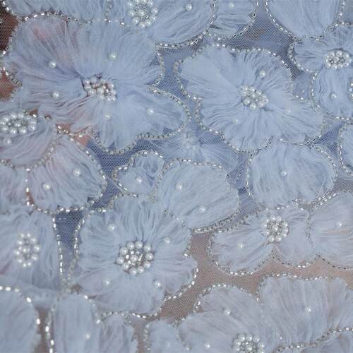 高档重工盘花立体钉珠珍珠点缀蕾丝布料 DIY礼服制衣辅料宽130cm