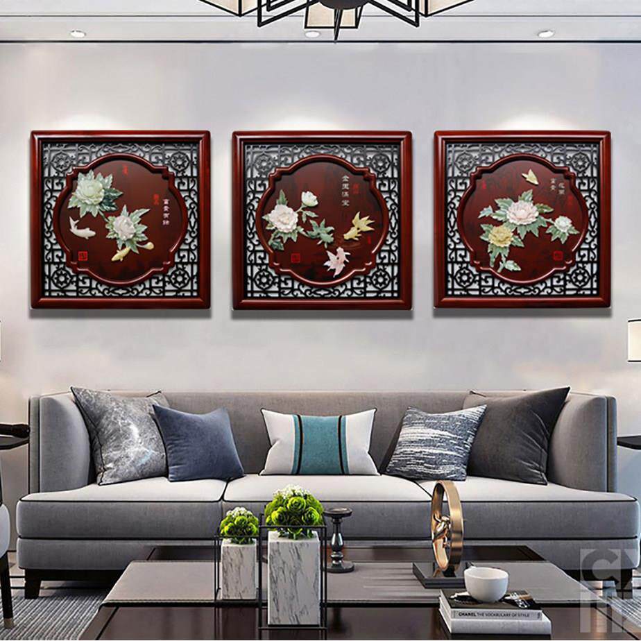 中国风走廊走廊挂画餐厅三联画浮雕壁画客厅沙发背景墙实木入口装