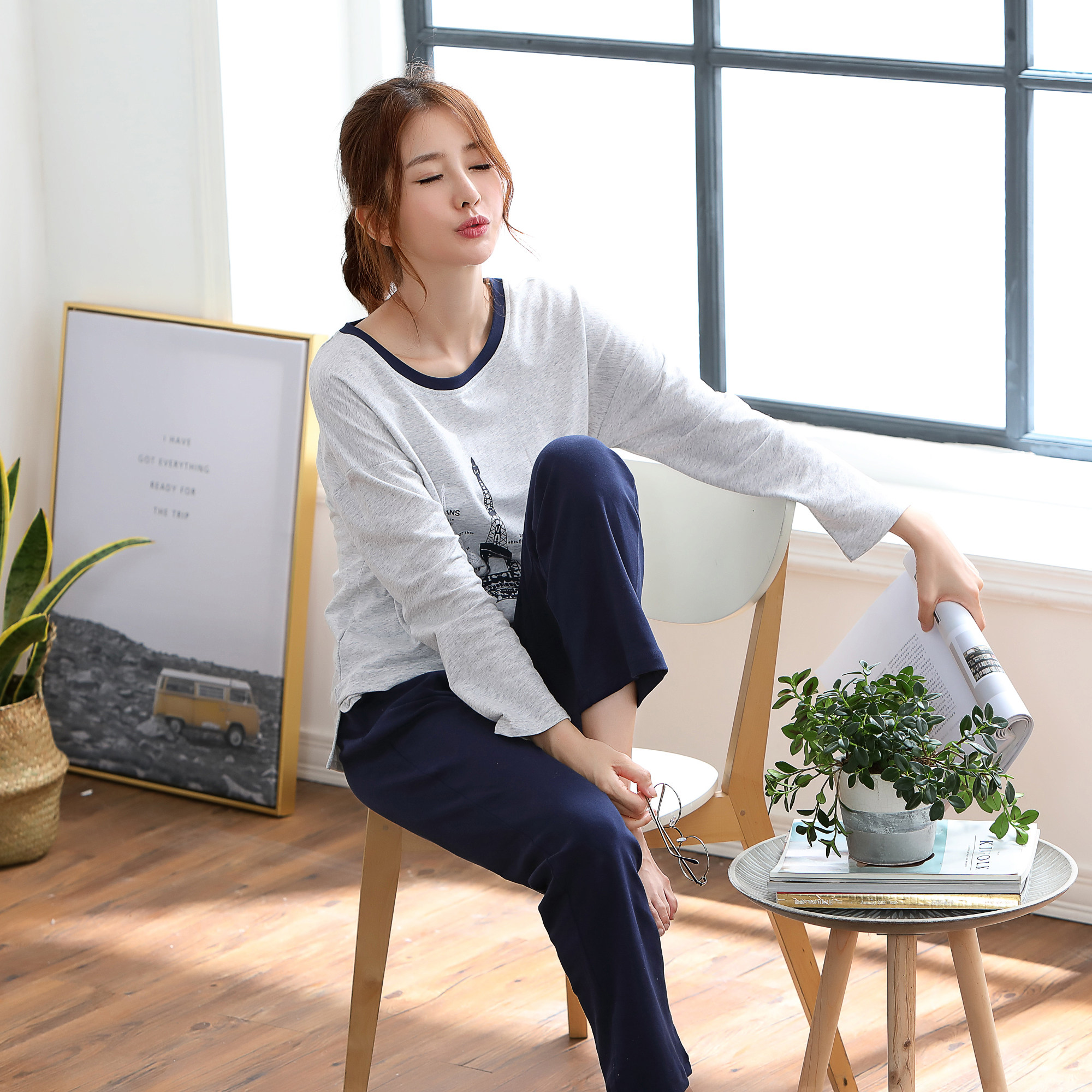 春秋季睡衣套装纯棉女
