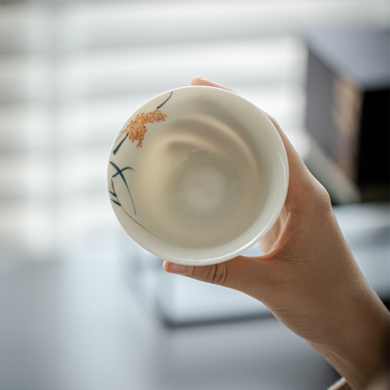 清欢丨明知山志 杏黄手绘麦穗盖碗 文人器茶具泡茶碗彩陶功夫茶杯