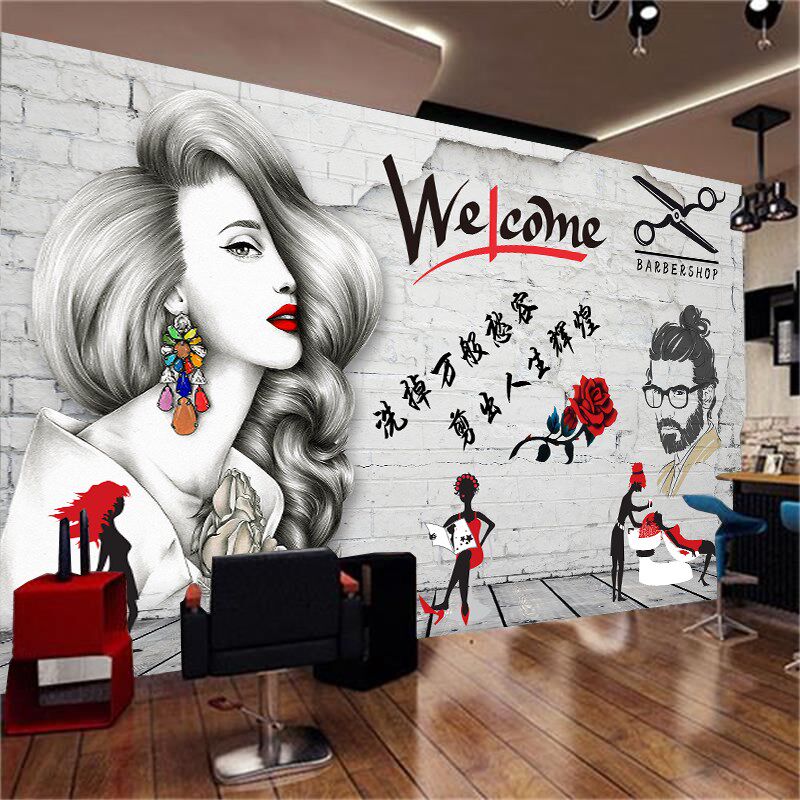 理发店网红拍照背景墙美发店吧台墙面装饰画logo发廊专用壁纸自粘