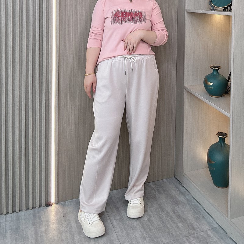 春秋季大码窄版香蕉裤女胖MM宽松显瘦休闲阔腿松紧腰抽绳直筒裤子