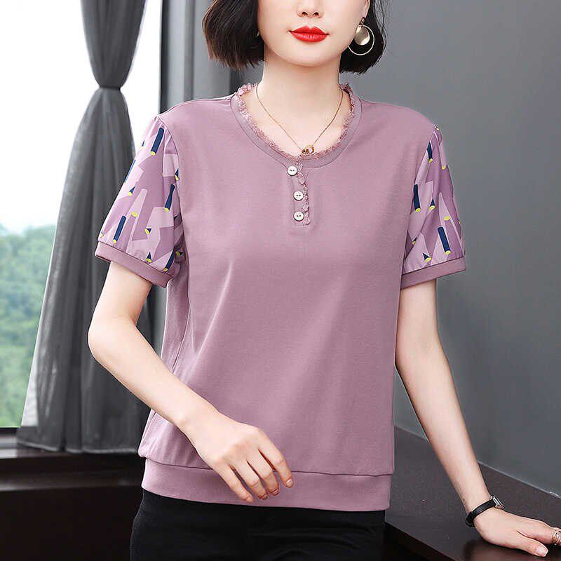 中年妈妈夏装洋气纯棉t恤女短袖2025新款中老年女装宽松大码上衣