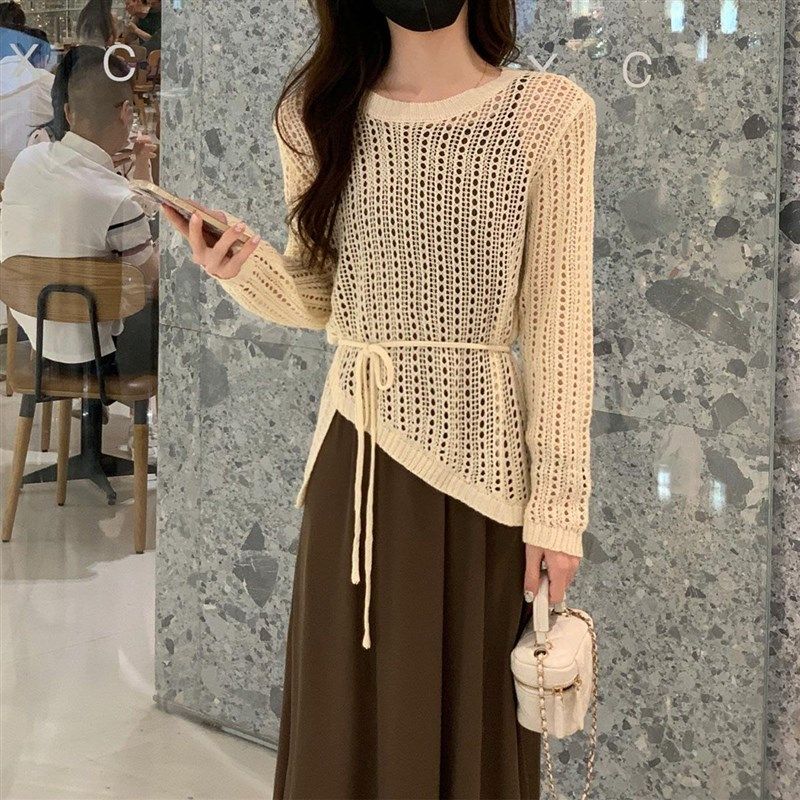 小个子时尚套装女2024秋季新款气质显瘦镂空针织罩衫吊带裙两件套