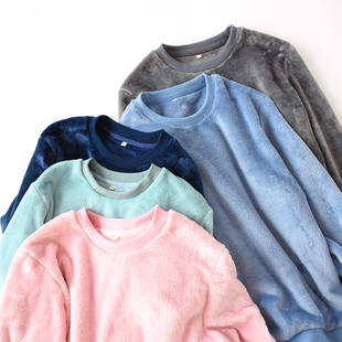 套头法兰绒单上衣家居大码 情侣珊瑚绒保暖睡衣女秋冬款 加厚长袖