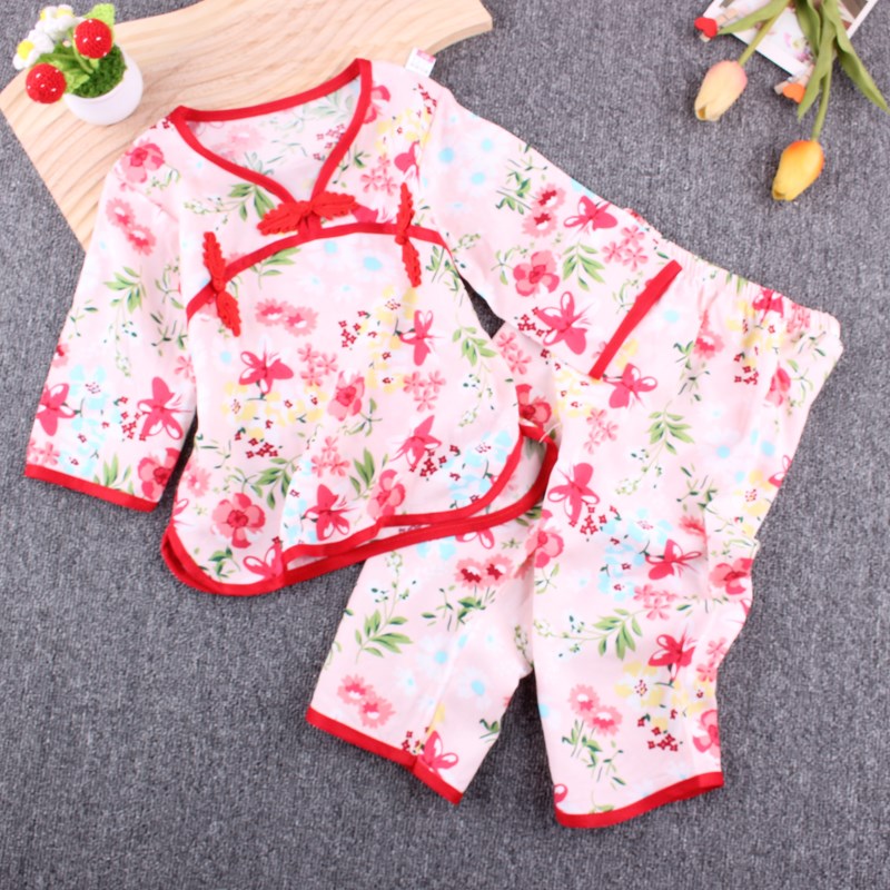 夏季女童汉服套装棉绸中长袖盘扣睡衣家居衣服宝宝套头空调家居服