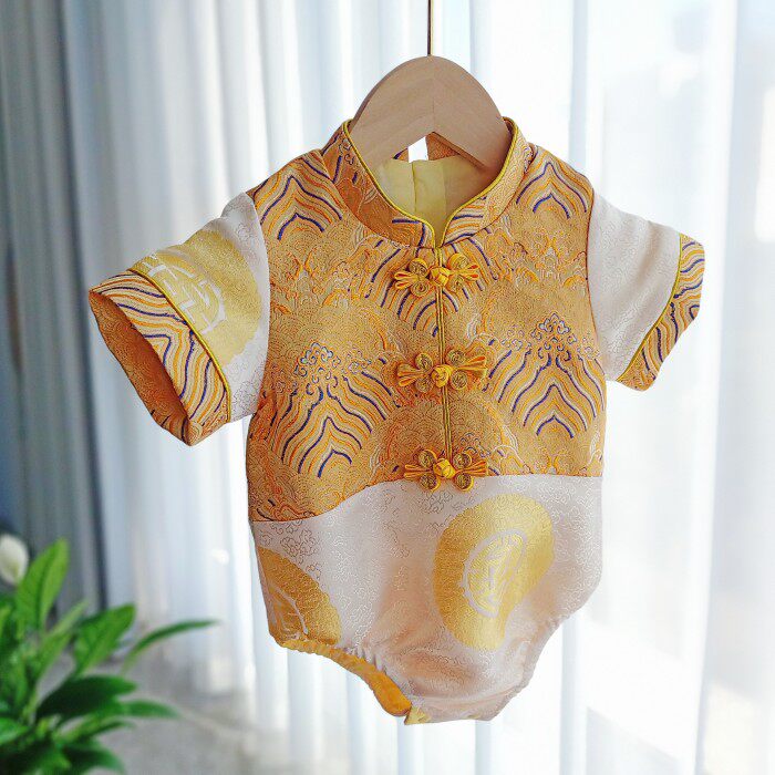 宝宝周岁礼服男夏季包P衣女婴儿满月百日宴中式连体衣薄款抓周服