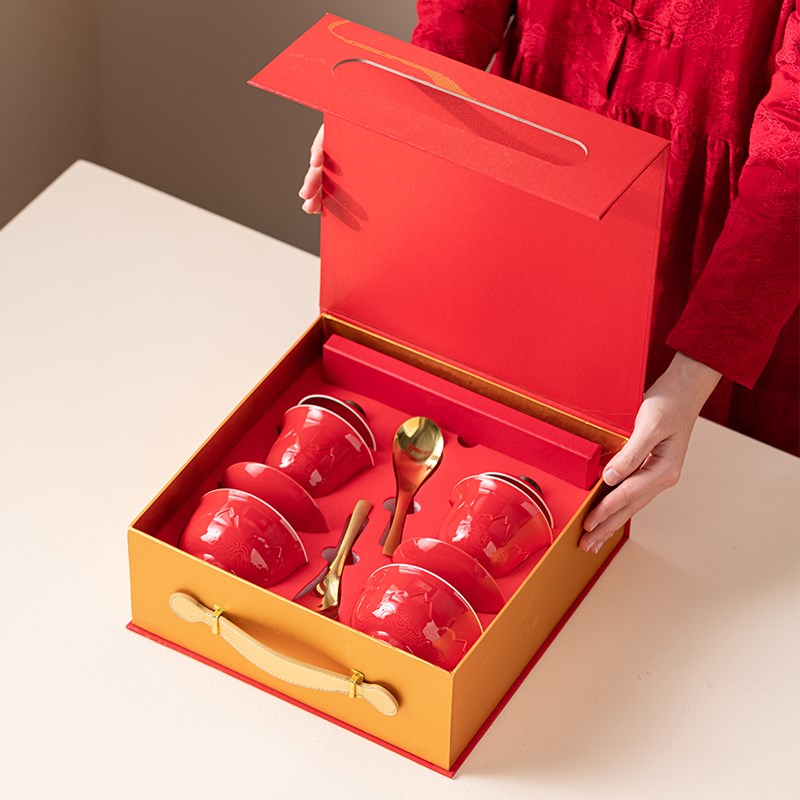 结婚改口敬茶杯海誓山盟创意新婚红色盖碗一对喜碗筷套装陪嫁用品