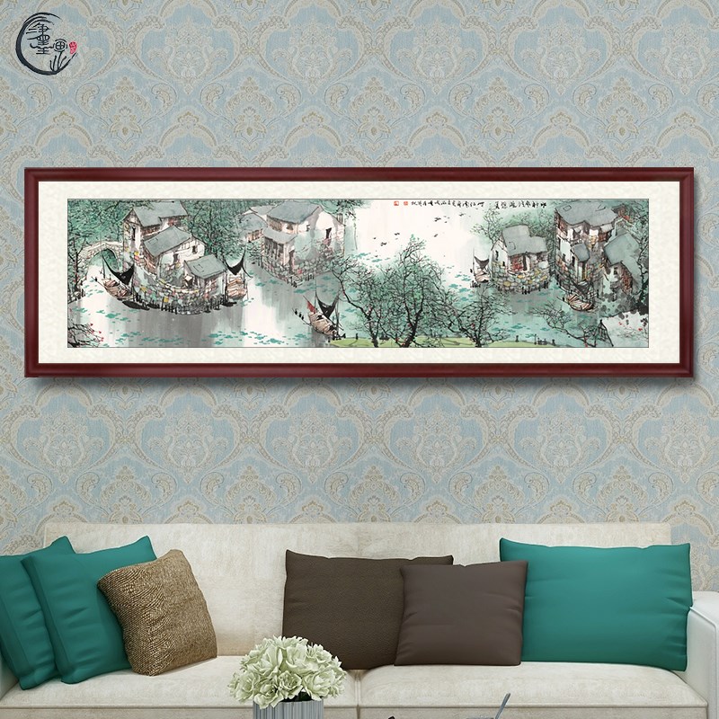 江南水乡风景国画办公装饰画水村风情图中式宣纸山水画挂画水墨画