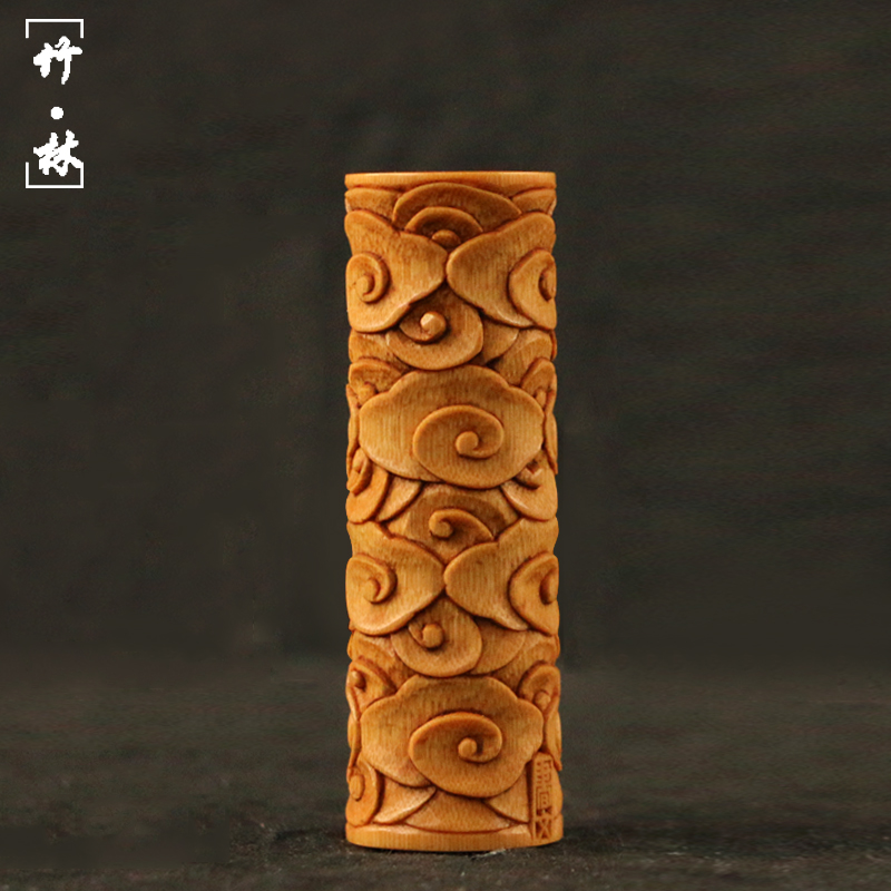 精品名家书文纯手工雕刻祥云实心竹手把件满工祥云柱竹雕把玩