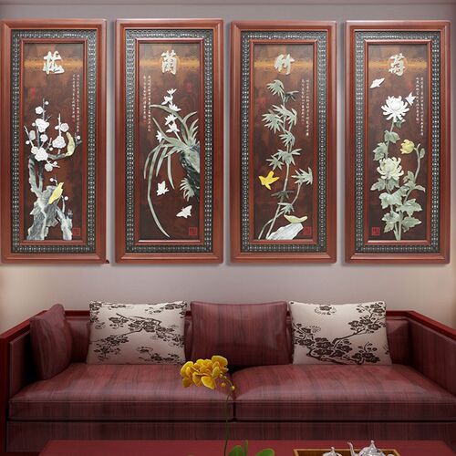 新中式梅兰竹菊玉雕装饰画客厅电视沙发背景墙条屏浮雕画玄关挂画