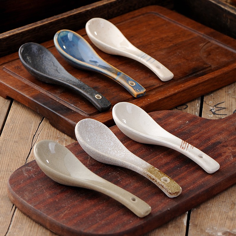 陶瓷小勺子家用火锅短长柄吃饭大号沙拉调羹面粉粥汤勺汤匙三弯勺
