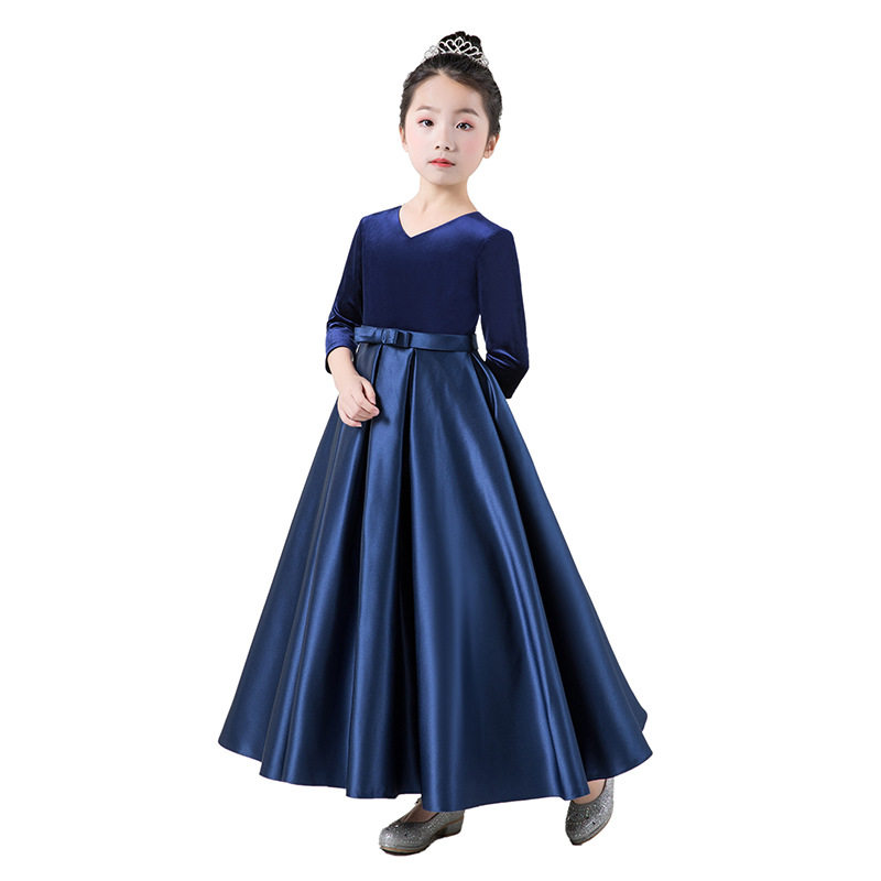 儿童模特走秀高档晚礼服女童钢琴演出服主持小提琴表演服黑色春季
