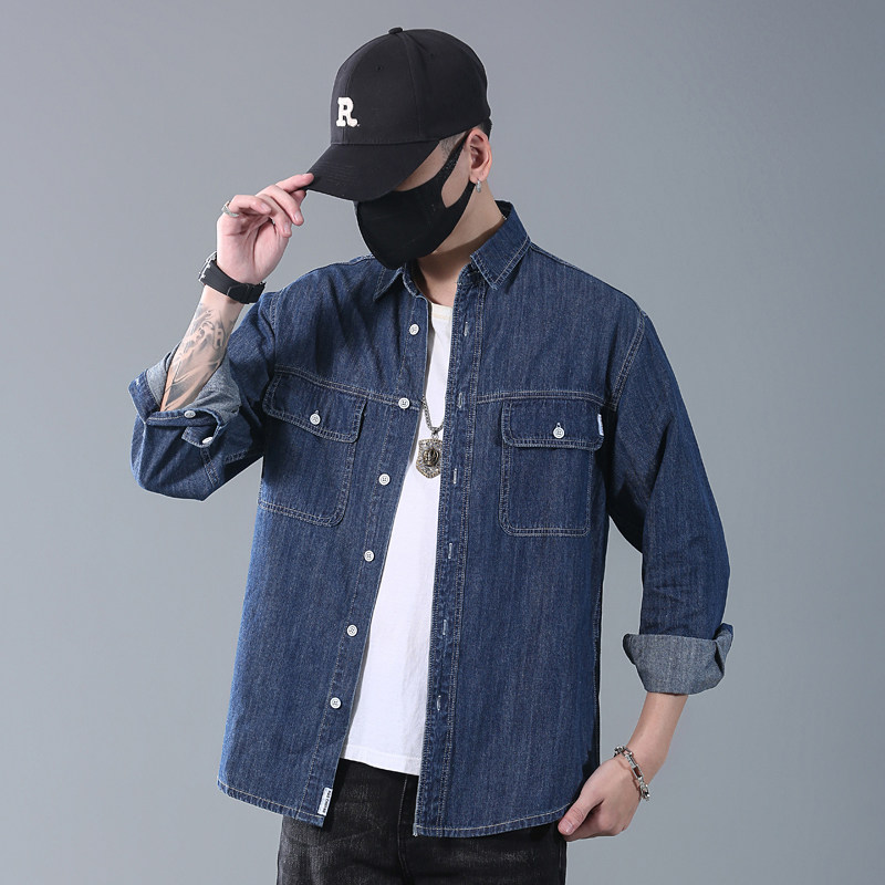 春季薄款牛仔衬衫长袖男大码青年宽松胖子外套加肥加大男装夹克潮