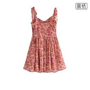 【包邮】法式复古田园碎花度假裙方领收腰性感大裙摆吊带连衣裙女