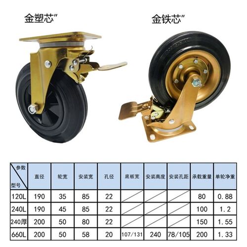 660升660L垃圾桶轮橡胶万向轮带刹车铁芯轮大型环卫桶箱支架脚轮