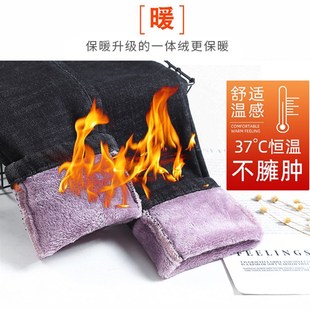 加绒发热牛仔裤女高腰冬季加厚松紧腰外穿加绒裤黑色弹力小脚裤子