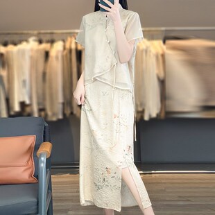 仙气飘飘新中式国风套装女小个子真丝缎面改良上衣半身裙子两件套