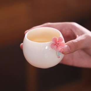 手工捏花陶瓷主人杯单杯女高端品茗杯精致粉色功夫茶具喝茶杯送礼