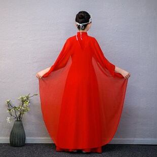 高端弹古筝演出服女中国风主持人民乐演奏艺考礼服红色大合唱礼服