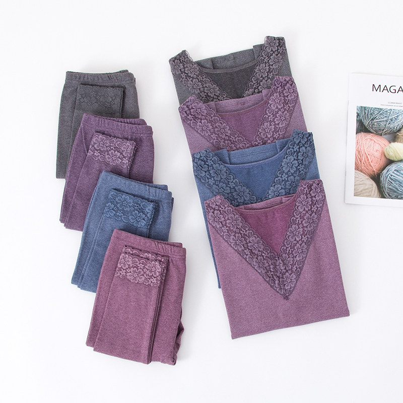 女士秋衣秋裤纯棉V领薄款保暖内衣蕾丝弹力修身打底套装护膝护腰