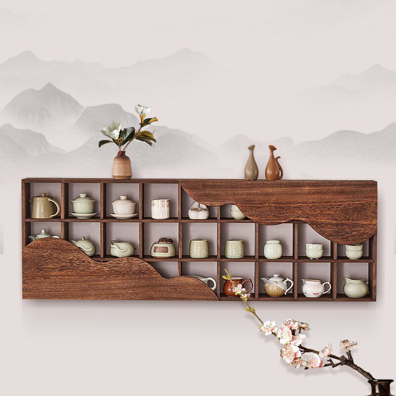 实木茶具收纳架中式壁挂博古架紫砂壶搁架置物架挂墙茶架高山格架