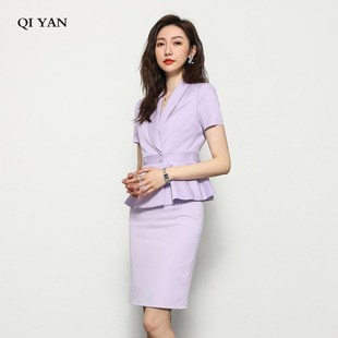 新款 时尚 短袖 西装 紫色西服外套正装 女2025夏季 套裙正装 工作服 套装