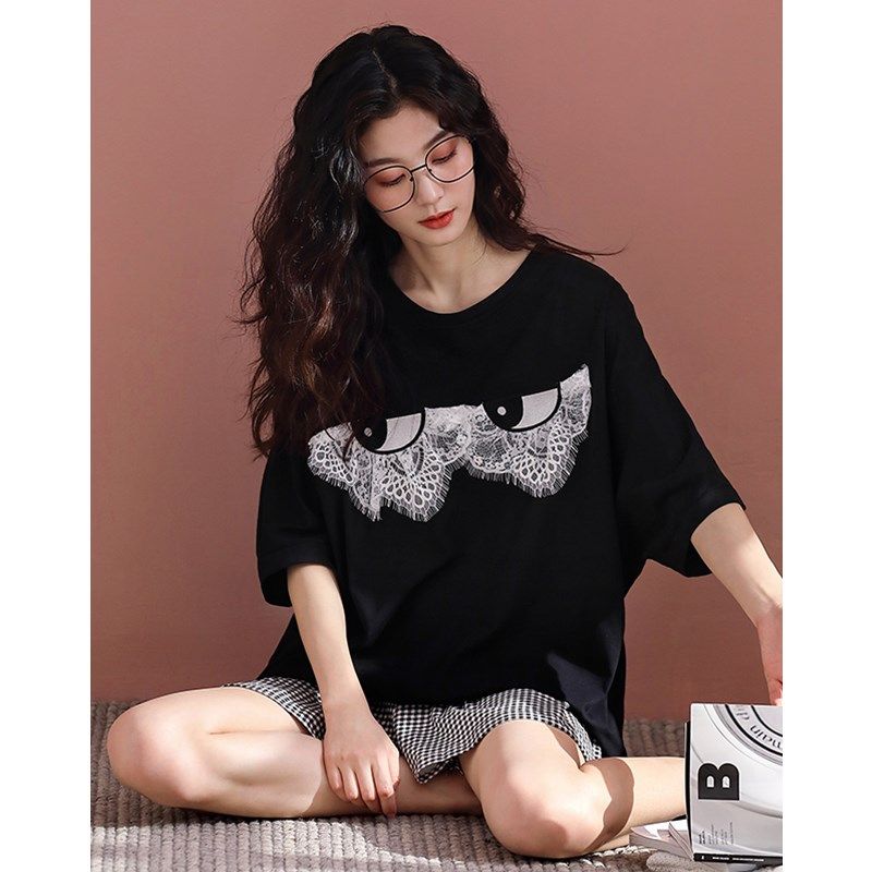 少女睡衣夏季款纯棉短袖短裤可爱宽松套头家居服夏天薄款黑色套装