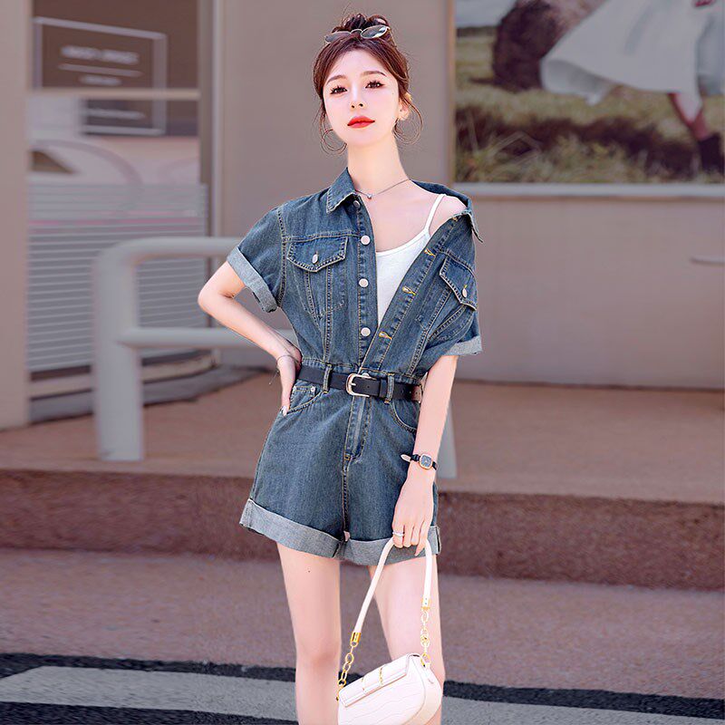 工装牛仔连体短裤套装女高级感夏季薄款2025年新款高腰显瘦小个子