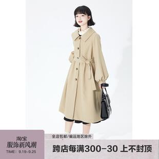 小葱良裁 卡其色大翻领风衣女秋季中长款宽松复古系带灯笼袖外套