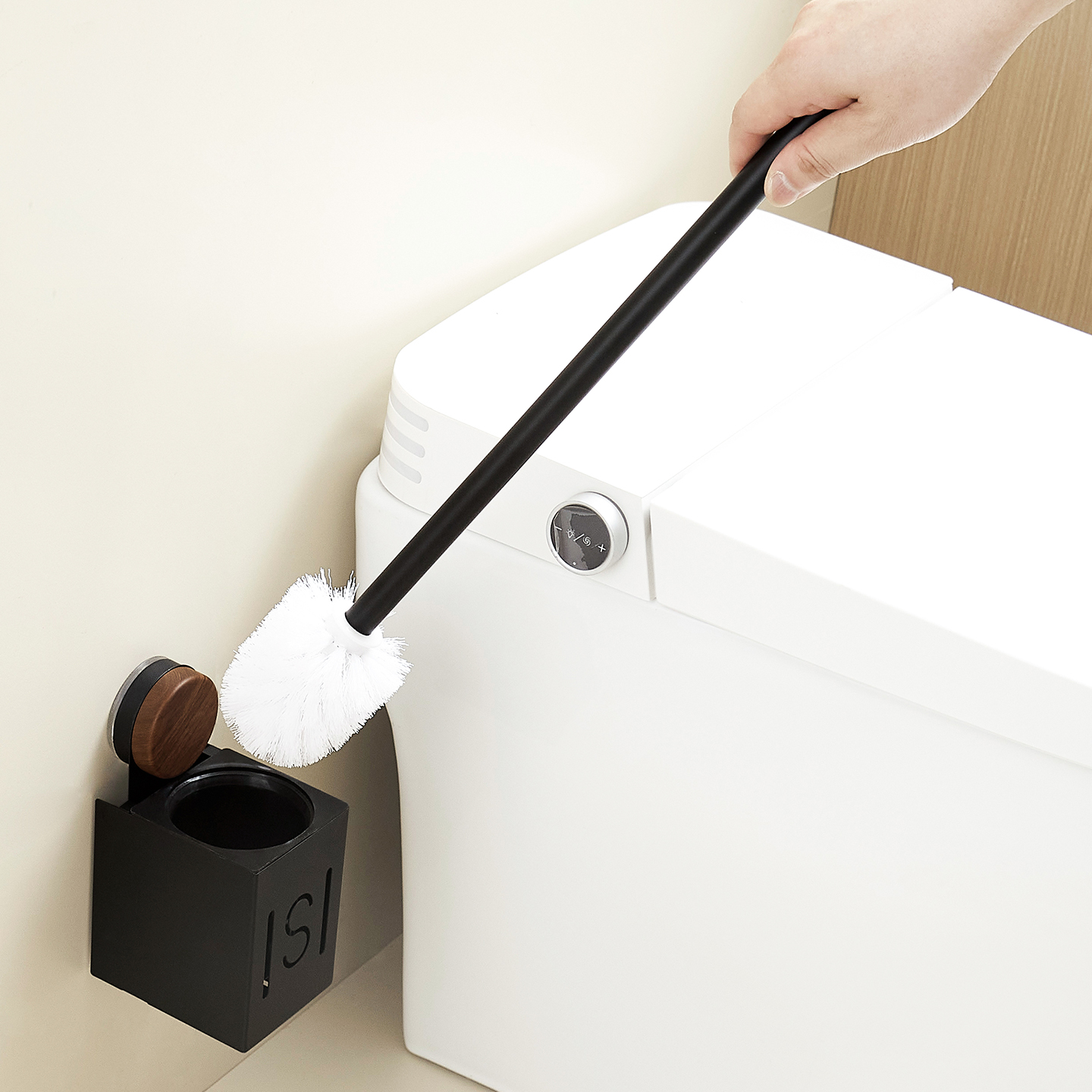 胡桃木纹吸盘马桶刷架