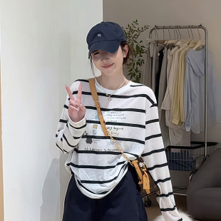 欧洲站夏季新款韩版百搭薄款条纹长袖T恤女款ins防晒宽松显瘦上衣