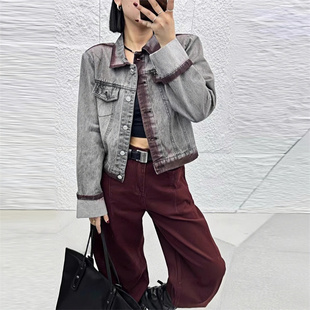 欧洲站春季时尚POLO领渐变拼色复古做旧短款牛仔外套夹克上衣女款